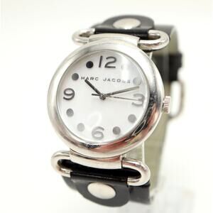 Marc Jacobs Womens MOP 36mm Watch Silver Black Leather Strap w New Battery
